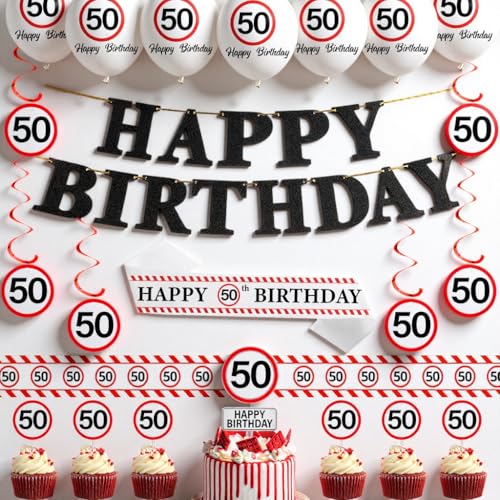 Verkehrsschild Deko 50 Geburtstag Mann Frauen - 50. Geburtstagsdeko Ballons Happy Birthday Girlande, Schärpe und Lange Absperrband zum 50 Jahre Geburtstagsfeier von Xietaea