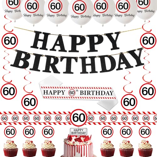 Verkehrsschild Deko 60 Geburtstag Mann Frauen - 60. Geburtstagsdeko Ballons Happy Birthday Girlande, Schärpe und Lange Absperrband zum 60 Jahre Geburtstagsfeier von Xietaea