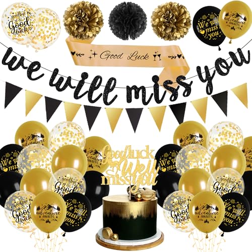 We Will Miss You Banner - Abschied Party Deko Schwarz Gold, Wir Werden Dich Vermissen, Good Luck Schärpe, Luftballon, Wimpelkette, Papier Pompons, Rentner Deko Abschiedsfeier für Kollegen im Ruhestand We Will Miss You Banner - Abschied Party Deko Schwarz Gold, Wir Werden Dich Vermissen, Good Luck Schärpe, Luftballon, Wimpelkette, Papier Pompons, Rentner Deko Abschiedsfeier für Kollegen im Ruhestand von Xietaea