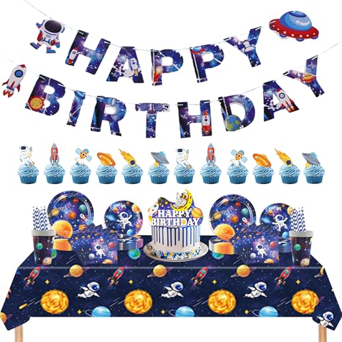 Weltraum Kindergeburtstag Deko Partygeschirr Set - 130 Stück Party Geschirr Astronaut Pappteller Pappbecher Servietten, Tortendeko Tischdecken und Girlande für Weltraum Geburtstag Dekoration Weltraum Kindergeburtstag Deko Partygeschirr Set - 130 Stück Party Geschirr Astronaut Pappteller Pappbecher Servietten, Tortendeko Tischdecken und Girlande für Weltraum Geburtstag Dekoration von Xietaea