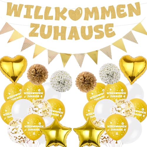 Willkommen Zuhause Deko Girlande Ballons - Welcome Home Dekoration Banner Luftballons und Wimpel, Papier Pompons Folienballon für Babyparty Empfang Familienfeiern von Xietaea