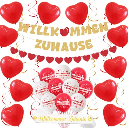 Willkommen Zuhause Deko Girlande Ballons - Welcome Home Dekoration Herz Banner Luftballons, Hängende Wirbel und Schärpe für Babyparty Empfang Familienfeiern (Rot) von Xietaea