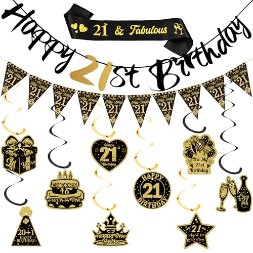 Xietaea 21 Geburtstag Deko Mann Frau - 21. Geburtstagsdeko Happy Birthday Girlande Hängende Wirbel, Schwarz Goldene Schärpe und Wimpel für 21 Jahre Geburtstagsparty Dekoration Xietaea 21 Geburtstag Deko Mann Frau - 21. Geburtstagsdeko Happy Birthday Girlande Hängende Wirbel, Schwarz Goldene Schärpe und Wimpel für 21 Jahre Geburtstagsparty Dekoration von Xietaea