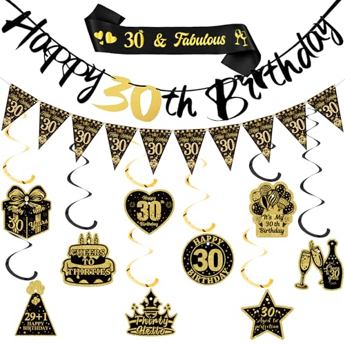 Xietaea 30 Geburtstag Deko Mann Frau - 30. Geburtstagsdeko Happy Birthday Girlande Hängende Wirbel, Schwarz Goldene Schärpe und Wimpel für 30 Jahre Geburtstagsparty Dekoration Xietaea 30 Geburtstag Deko Mann Frau - 30. Geburtstagsdeko Happy Birthday Girlande Hängende Wirbel, Schwarz Goldene Schärpe und Wimpel für 30 Jahre Geburtstagsparty Dekoration von Xietaea