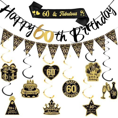 Xietaea 60 Geburtstag Deko Mann Frau - 60. Geburtstagsdeko Happy Birthday Girlande Hängende Wirbel, Schwarz Goldene Schärpe und Wimpel für 60 Jahre Geburtstagsparty Dekoration Xietaea 60 Geburtstag Deko Mann Frau - 60. Geburtstagsdeko Happy Birthday Girlande Hängende Wirbel, Schwarz Goldene Schärpe und Wimpel für 60 Jahre Geburtstagsparty Dekoration von Xietaea