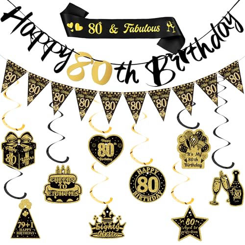Xietaea 80 Geburtstag Deko Mann Frau - 80. Geburtstagsdeko Happy Birthday Girlande Hängende Wirbel, Schwarz Goldene Schärpe und Wimpel für 80 Jahre Geburtstagsparty Dekoration von Xietaea