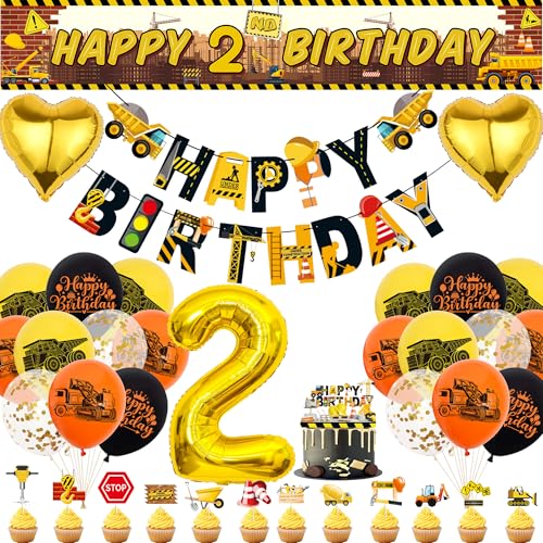 Xietaea Bagger Geburtstag Deko 2 Jahre Junge - Baustelle Luftballons Happy Birthday Girlande und Auto Tortendeko, Baufahrzeug Stoff Banner für 2. Kindergeburtstag Party Dekoration von Xietaea