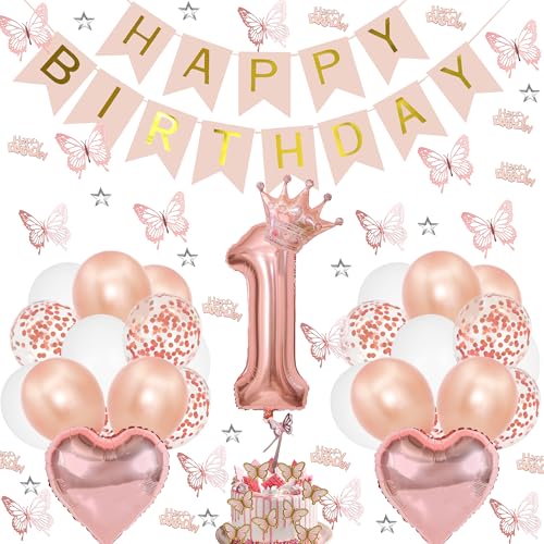 Xietaea Deko 1. Geburtstag Mädchen - Roségold Geburtstagsdeko 1 Jahr, Happy Birthday Girlande und Schmetterlinge Deko, Folienballon Zahl 1, Herzballon, Konfetti, Tortendeko, Erster Geburtstag Mädchen Xietaea Deko 1. Geburtstag Mädchen - Roségold Geburtstagsdeko 1 Jahr, Happy Birthday Girlande und Schmetterlinge Deko, Folienballon Zahl 1, Herzballon, Konfetti, Tortendeko, Erster Geburtstag Mädchen von Xietaea