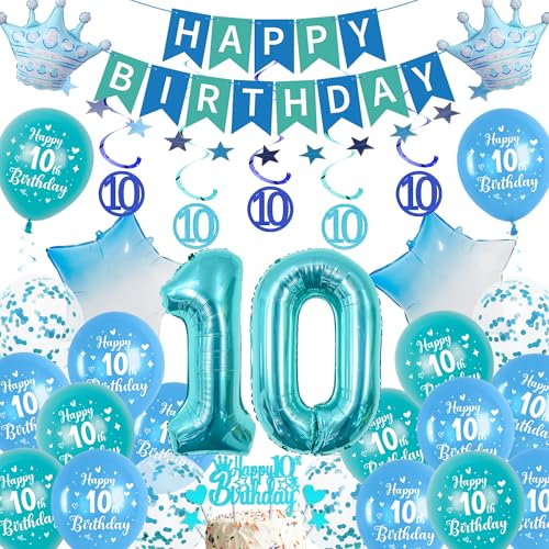 Xietaea Deko 10. Geburtstag Junge Blau - 10 Geburtstagsdeko Luftballons Happy Birthday Girlande Tortendeko, Riesen Zahlenballon und Konfetti für 10 Jahre Party Dekoration Jungen von Xietaea