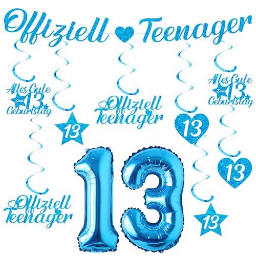 Xietaea Deko 13. Geburtstag Junge Blau - 13 Geburtstagsdeko Luftballons Offiziell Teenager Girlande, Hängende Wirbel und Glizter Banner XXL Zahlenballon für 13 Jahre Party Dekoration von Xietaea