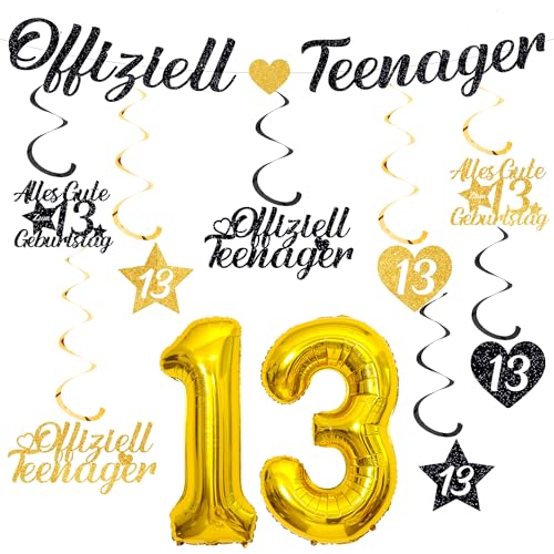 Xietaea Deko 13. Geburtstag Junge Mädchen - 13 Geburtstagsdeko Luftballons Offiziell Teenager Girlande, Hängende Wirbel und XXL Zahlenballon für 13 Jahre Party Dekoration von Xietaea