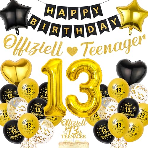 Xietaea Deko 13. Geburtstag Junge Mädchen - Schwarz Gold Offiziell Teenager Geburtstagsdeko Happy Birthday Girlande Zahl Ballons, Tortendeko und Folienballon für 13 Geburtstagsfeier Dekoration Xietaea Deko 13. Geburtstag Junge Mädchen - Schwarz Gold Offiziell Teenager Geburtstagsdeko Happy Birthday Girlande Zahl Ballons, Tortendeko und Folienballon für 13 Geburtstagsfeier Dekoration von Xietaea