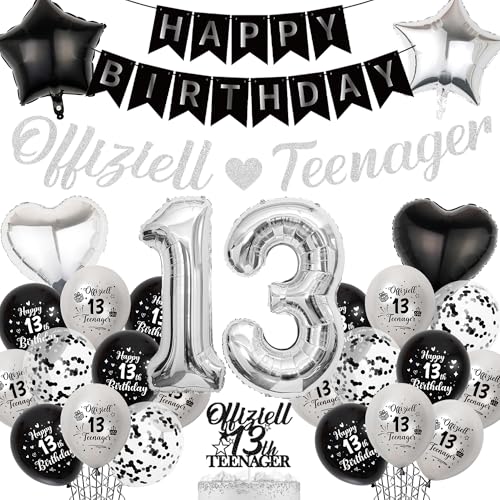 Xietaea Deko 13. Geburtstag Junge Mädchen - Schwarz Silber Offiziell Teenager Geburtstagsdeko Happy Birthday Girlande Zahl Ballons, Tortendeko und Folienballon für 13 Geburtstagsfeier Dekoration Xietaea Deko 13. Geburtstag Junge Mädchen - Schwarz Silber Offiziell Teenager Geburtstagsdeko Happy Birthday Girlande Zahl Ballons, Tortendeko und Folienballon für 13 Geburtstagsfeier Dekoration von Xietaea