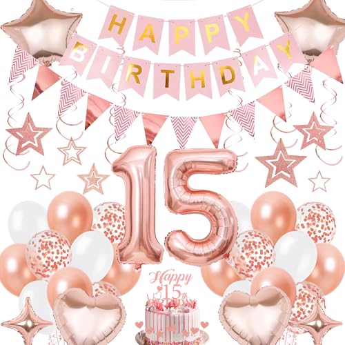 Xietaea Deko 15 Geburtstag Mädchen Rosegold - 15 Jahre Geburtstagsdeko mit Luftballons Happy Birthday Girlande Tortendeko, Zahl Ballons und Hängende Wirbel für 15. Geburtstagsfeier Dekoration Xietaea Deko 15 Geburtstag Mädchen Rosegold - 15 Jahre Geburtstagsdeko mit Luftballons Happy Birthday Girlande Tortendeko, Zahl Ballons und Hängende Wirbel für 15. Geburtstagsfeier Dekoration von Xietaea