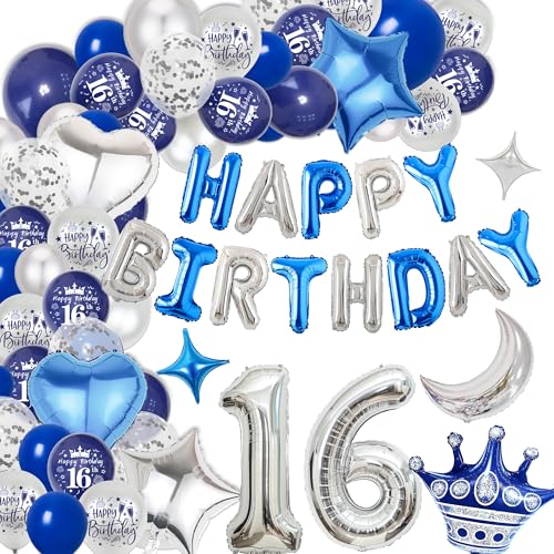 Xietaea Deko 16. Geburtstag Junge Luftballons - Blau Silber 16 Geburtstagsdeko Happy Birthday Ballons, Zahlenballon Folienballons zum 16 Jahre Geburtstagsfeier Dekoration Xietaea Deko 16. Geburtstag Junge Luftballons - Blau Silber 16 Geburtstagsdeko Happy Birthday Ballons, Zahlenballon Folienballons zum 16 Jahre Geburtstagsfeier Dekoration von Xietaea