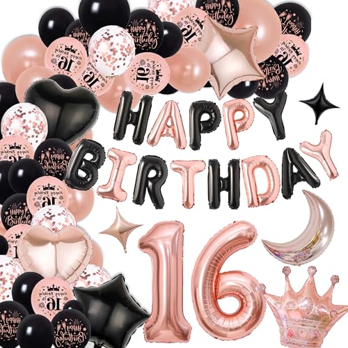 Xietaea Deko 16. Geburtstag Mädchen Luftballons - Schwarz Rosegold Geburtstagsdeko Happy Birthday Ballons, Zahlenballon Folienballons zum 16 Jahre Geburtstagsfeier Dekoration Xietaea Deko 16. Geburtstag Mädchen Luftballons - Schwarz Rosegold Geburtstagsdeko Happy Birthday Ballons, Zahlenballon Folienballons zum 16 Jahre Geburtstagsfeier Dekoration von Xietaea