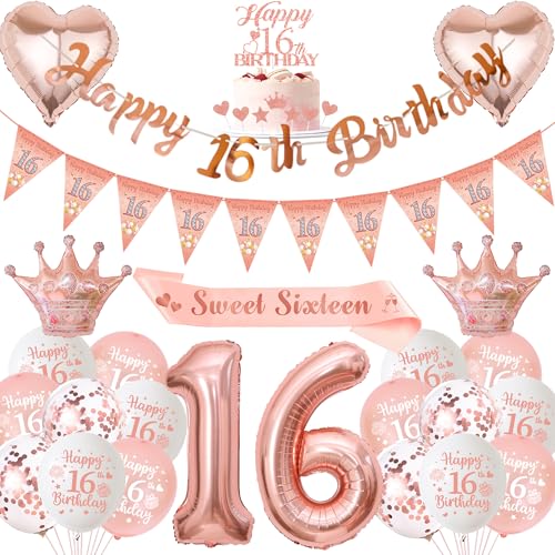 Xietaea Deko 16. Geburtstag Mädchen Rosegold - 16. Geburtstagsdeko Luftballons Happy Birthday Girlande Tortendeko, XXL Zahlenballon und Schärpe für 16 Jahre Geburtstagsparty Xietaea Deko 16. Geburtstag Mädchen Rosegold - 16. Geburtstagsdeko Luftballons Happy Birthday Girlande Tortendeko, XXL Zahlenballon und Schärpe für 16 Jahre Geburtstagsparty von Xietaea