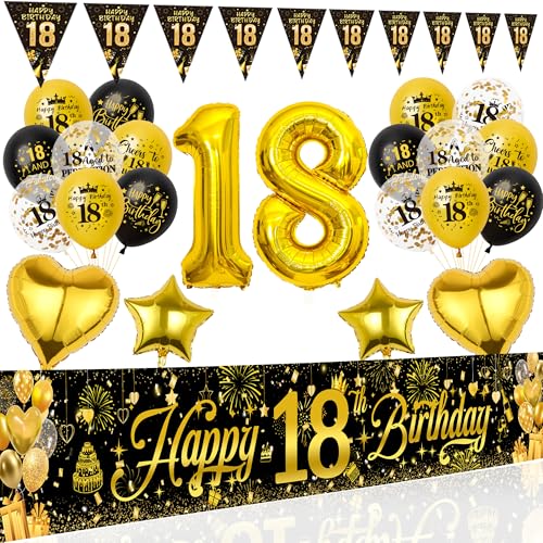 Xietaea Deko 18. Geburtstag Junge Mädchen - Schwarz Gold Geburtstagsdeko Luftballons Happy Birthday Banner, Riesen Zahlenballon und Wimpel für 18 Jahre Geburtstagsparty Dekoration von Xietaea
