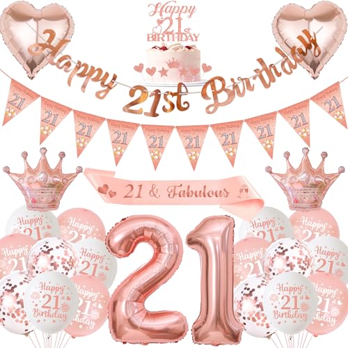 Xietaea Deko 21. Geburtstag Frau Rosegold - 21 Geburtstagsdeko Luftballons Happy Birthday Girlande Tortendeko, XXL Zahlenballon und Schärpe für 21 Jahre Geburtstagsparty Xietaea Deko 21. Geburtstag Frau Rosegold - 21 Geburtstagsdeko Luftballons Happy Birthday Girlande Tortendeko, XXL Zahlenballon und Schärpe für 21 Jahre Geburtstagsparty von Xietaea