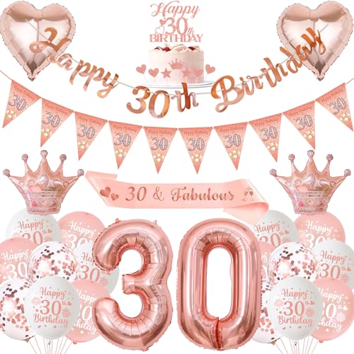 Xietaea Deko 30. Geburtstag Frau Rosegold - 30. Geburtstagsdeko Luftballons Happy Birthday Girlande Tortendeko, XXL Zahlenballon und Schärpe für 30 Jahre Geburtstagsparty von Xietaea
