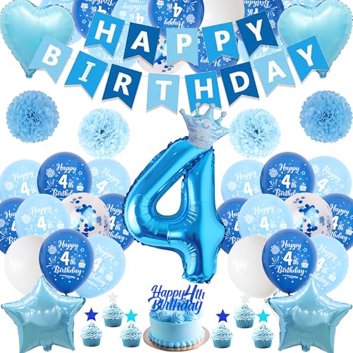 Xietaea Deko 4. Geburtstag Junge Blau - 58 Stück 4. Geburtstagsdeko Luftballons Happy Birthday Girlande Tortendeko, Papier Pompons und Riesen Zahlballon zum 4 Geburtstagsfeier Dekoration Xietaea Deko 4. Geburtstag Junge Blau - 58 Stück 4. Geburtstagsdeko Luftballons Happy Birthday Girlande Tortendeko, Papier Pompons und Riesen Zahlballon zum 4 Geburtstagsfeier Dekoration von Xietaea