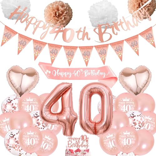 Xietaea Deko 40. Geburtstag Frauen Rosegold - 40 Geburtstagsdeko Luftballons Happy Birthday Girlande Tortendeko, Wimpel Schärpe und Papier Pompons für 40. Geburtstagsfeier Dekoration Xietaea Deko 40. Geburtstag Frauen Rosegold - 40 Geburtstagsdeko Luftballons Happy Birthday Girlande Tortendeko, Wimpel Schärpe und Papier Pompons für 40. Geburtstagsfeier Dekoration von Xietaea