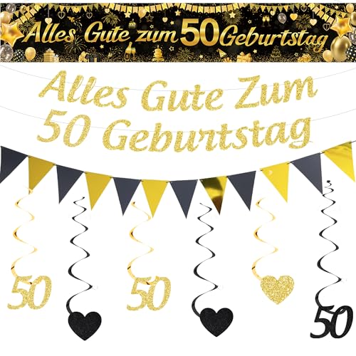Xietaea Deko 50. Geburtstag Mann Frau - Schwarz Gold 50 Geburtstagsdeko Banner Girlande und Wimpel, Hängende Wirbel und Geburtstagsbanner für 50 Jahr Party Dekoration von Xietaea