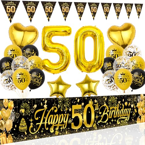 Xietaea Deko 50. Geburtstag Mann Frau - Schwarz Gold Geburtstagsdeko Luftballons Happy Birthday Banner, Riesen Zahlenballon und Wimpel für 50 Jahre Geburtstagsparty Dekoration Xietaea Deko 50. Geburtstag Mann Frau - Schwarz Gold Geburtstagsdeko Luftballons Happy Birthday Banner, Riesen Zahlenballon und Wimpel für 50 Jahre Geburtstagsparty Dekoration von Xietaea