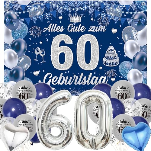 Xietaea Deko 60 Geburtstag Mann Frau - Blau Silber 60. Geburtstagsdeko Banner Luftballons, Riesen Zahlenballon und Hintergrund für 60 Geburtstagsfeier Dekoration Frauen Männer Xietaea Deko 60 Geburtstag Mann Frau - Blau Silber 60. Geburtstagsdeko Banner Luftballons, Riesen Zahlenballon und Hintergrund für 60 Geburtstagsfeier Dekoration Frauen Männer von Xietaea