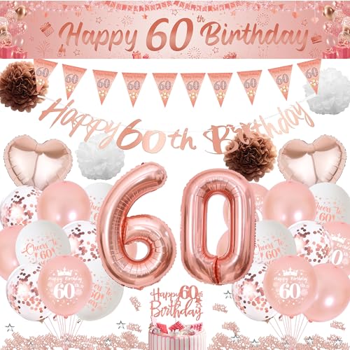 Xietaea Deko 60. Geburtstag Frau Rosegold - 60 Geburtstagsdeko Luftballons Happy Birthday Girlande Tortendeko, Lange Banner und Papier Pompom zum 60. Geburtstagsfeier Dekoration Xietaea Deko 60. Geburtstag Frau Rosegold - 60 Geburtstagsdeko Luftballons Happy Birthday Girlande Tortendeko, Lange Banner und Papier Pompom zum 60. Geburtstagsfeier Dekoration von Xietaea