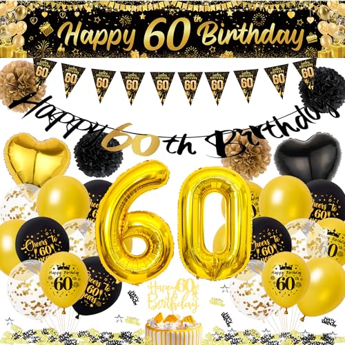 Xietaea Deko 60. Geburtstag Mann Frau - Schwarz Gold 60 Geburtstagsdeko Luftballons Happy Birthday Girlande Tortendeko, Lange Banner und Papier Pompom zum 60. Geburtstagsfeier Dekoration Xietaea Deko 60. Geburtstag Mann Frau - Schwarz Gold 60 Geburtstagsdeko Luftballons Happy Birthday Girlande Tortendeko, Lange Banner und Papier Pompom zum 60. Geburtstagsfeier Dekoration von Xietaea