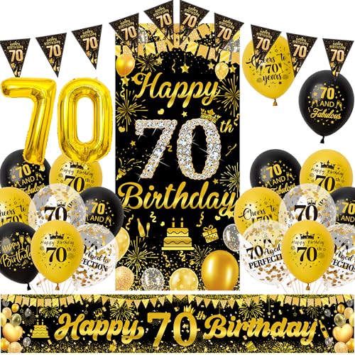 Xietaea Deko 70 Geburtstag Mann Frau - Schwarz Gold 70 Jahr Geburtstagsdeko Banner Luftballons und Wimpel, Stoff Hintergrund XXL Zahlen Ballons für 70 Geburtstagsfeier Dekoration Xietaea Deko 70 Geburtstag Mann Frau - Schwarz Gold 70 Jahr Geburtstagsdeko Banner Luftballons und Wimpel, Stoff Hintergrund XXL Zahlen Ballons für 70 Geburtstagsfeier Dekoration von Xietaea