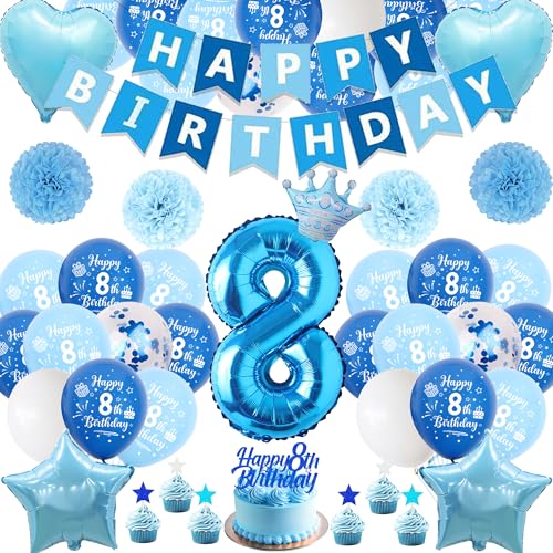 Xietaea Deko 8. Geburtstag Junge Blau - 58 Stück 8. Geburtstagsdeko Luftballons Happy Birthday Girlande Tortendeko, Papier Pompons und Riesen Zahlballon zum 8 Geburtstagsfeier Dekoration Xietaea Deko 8. Geburtstag Junge Blau - 58 Stück 8. Geburtstagsdeko Luftballons Happy Birthday Girlande Tortendeko, Papier Pompons und Riesen Zahlballon zum 8 Geburtstagsfeier Dekoration von Xietaea