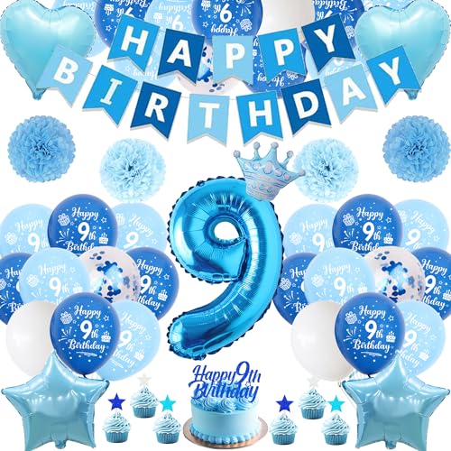 Xietaea Deko 9. Geburtstag Junge Blau - 58 Stück 9. Geburtstagsdeko Luftballons Happy Birthday Girlande Tortendeko, Papier Pompons und Riesen Zahlballon zum 9 Geburtstagsfeier Dekoration Xietaea Deko 9. Geburtstag Junge Blau - 58 Stück 9. Geburtstagsdeko Luftballons Happy Birthday Girlande Tortendeko, Papier Pompons und Riesen Zahlballon zum 9 Geburtstagsfeier Dekoration von Xietaea