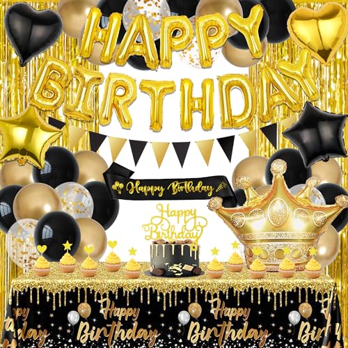 Deko Geburtstag Frau Mann Luftballons - Schwarz Gold Geburtstagsdeko Girlande Happy Birthday Ballons Tortendeko, Glitzer Lametta Vorhänge Tischdecke und Schärpe für Geburtstagsfeier Dekoration Deko Geburtstag Frau Mann Luftballons - Schwarz Gold Geburtstagsdeko Girlande Happy Birthday Ballons Tortendeko, Glitzer Lametta Vorhänge Tischdecke und Schärpe für Geburtstagsfeier Dekoration von Xietaea