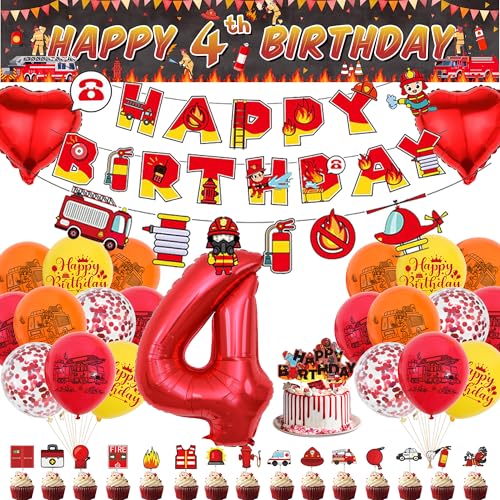 Xietaea Feuerwehr Geburtstag Deko 4 Jahre Junge - Feuerwehrauto Geburtstagsdeko Luftballons Happy Birthday Girlande und Tortendeko, Stoff Banner für 4. Kindergeburtstag Party Dekoration Xietaea Feuerwehr Geburtstag Deko 4 Jahre Junge - Feuerwehrauto Geburtstagsdeko Luftballons Happy Birthday Girlande und Tortendeko, Stoff Banner für 4. Kindergeburtstag Party Dekoration von Xietaea