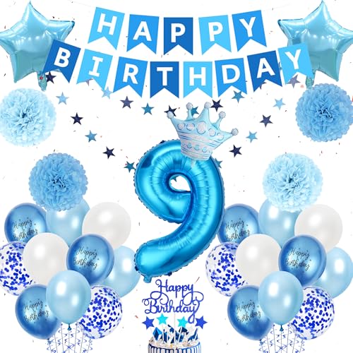Xietaea Geburtstag Deko 9 Jahre Junge - 53 Stück Blau 9. Geburtstagsdeko mit Riesen Folienballon Zahl 9, Happy Birthday Girlande, Pompons und Ballons zum 9. Geburtstagsfeier Dekoration von Xietaea