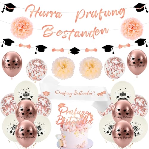 Xietaea Prüfung Bestanden Deko Set - Abschluss Dekoration mit Graduation Luftballons Girlande, Schärpe Ballons und Tortendeko zum Abschlussfeier Dekorationen (Rosegold) von Xietaea