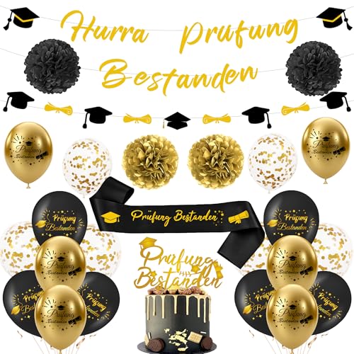 Xietaea Prüfung Bestanden Deko Set - Abschluss Dekoration mit Graduation Luftballons Girlande, Schärpe Ballons und Tortendeko zum Abschlussfeier Dekorationen (Schwarz Gold) von Xietaea