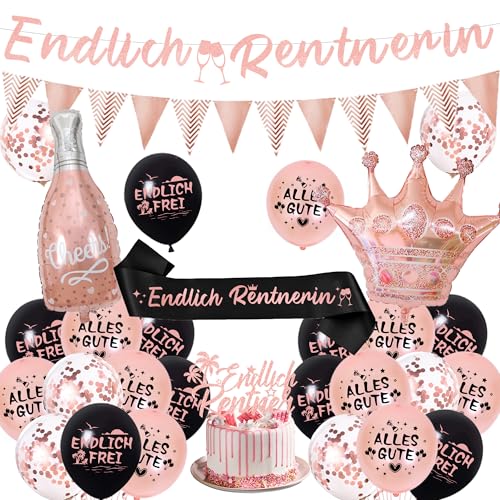 Xietaea Rente Deko Set Rosegold - Ruhestand Luftballons Endlich Rentnerin Girlande und Schärpe, Tortendeko Folienballons für Frauen Abschiedsfeier Pensionierung Party Dekoration von Xietaea
