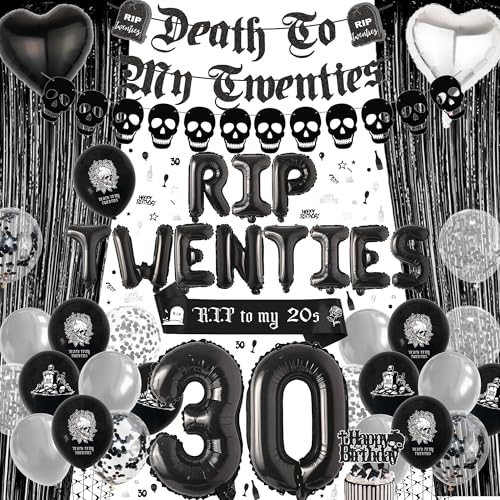 Xietaea Rip Twenties 30 Geburtstag Deko - 50 Stück Schwarz 30. Party Dekoration Luftballons Schärpe Death to My 20s Girlande, Gothic Folienballons Geburtstagsdeko für Frauen Männer Xietaea Rip Twenties 30 Geburtstag Deko - 50 Stück Schwarz 30. Party Dekoration Luftballons Schärpe Death to My 20s Girlande, Gothic Folienballons Geburtstagsdeko für Frauen Männer von Xietaea