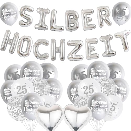 Xietaea Silberhochzeit Deko Luftballons Set - 40 Stück 25 Hochzeitstag Dekoration Silber Weiß Ballons, Folienballon und Konfettiballons zum 25. Jubiläum Silberne Hochzeit Party von Xietaea