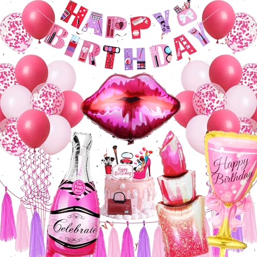 Xietaea Spa Party Zubehör Mädchen - Make Up Geburtstagsdeko, Happy Birthday Banner Lippenstift Luftballon Lippen Ballons Schminke Tortendeko und Quasten Girlande, Makeup Geburtstags Deko für Frauen Xietaea Spa Party Zubehör Mädchen - Make Up Geburtstagsdeko, Happy Birthday Banner Lippenstift Luftballon Lippen Ballons Schminke Tortendeko und Quasten Girlande, Makeup Geburtstags Deko für Frauen von Xietaea
