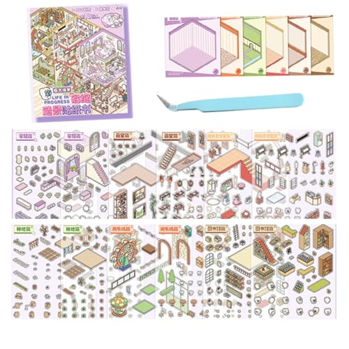 Sticker-Szenenbuch, DIY-3D-Haus-Sticker-Sammelbuch für Erwachsene mit 12 Sets, Lustige, Süße Cartoon-Sticker-Therapie-Aktivität für Stressabbau, Zeitvertreib, Basteln Sie Ihr Eigenes Mini-Haus(12PC-B) von Xifyjus