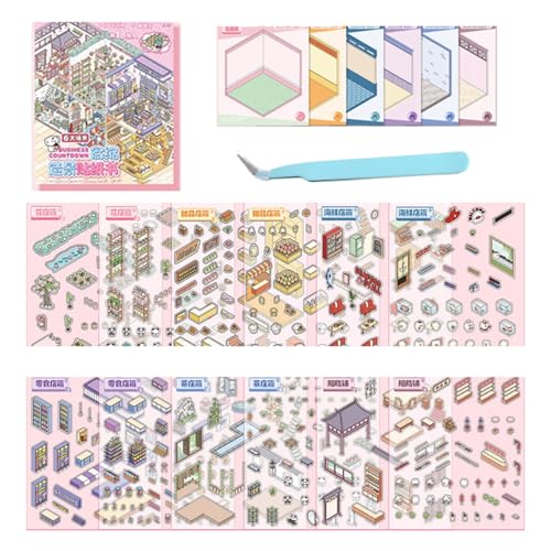 Sticker-Szenenbuch, DIY-3D-Haus-Sticker-Sammelbuch für Erwachsene mit 12 Sets, Lustige, Süße Cartoon-Sticker-Therapie-Aktivität für Stressabbau, Zeitvertreib, Basteln Sie Ihr Eigenes Mini-Haus(12PC-A) von Xifyjus