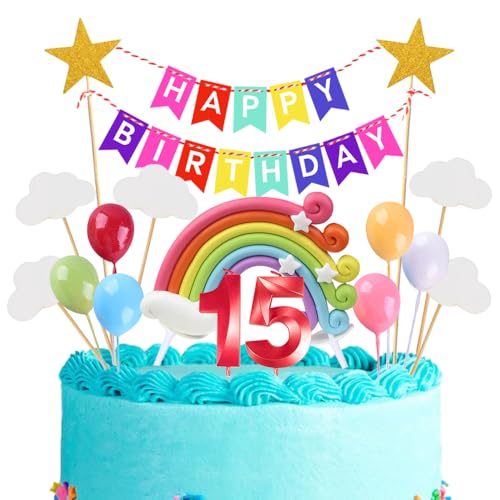 15th Geburtstags Kuchen Topper Birthday Torten Dekoration Geburtstag Kuchendeko Rot Zahl 15 Kerzen Tortendeko Set Regenbogen Ballon Wolke Sterne für Mädchen Jungen Geburtstags Party Supplies von Xihuimay