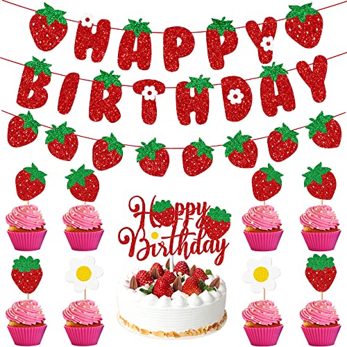 Xihuimay 11 Stück Erdbeere Kuchen Topper Happy Birthday Tortendeko Kuchendeko Kuchendeckel Geburtstag Torten Dekoration Erdbeere Theme Tortenzubehör für Mädchen Junge Kinder Taufe von Xihuimay