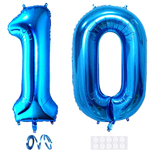 Xihuimay 40" Nummer 10 Folienballon Zahl 10 Luftballon Ziffer 10. Geburtstag Ballon 100cm Riesen Ballons Luft oder Helium Digitaler Ballon für Mädchen Junge Jubiläum Feierliche Anlässe, Blau XXL von Xihuimay