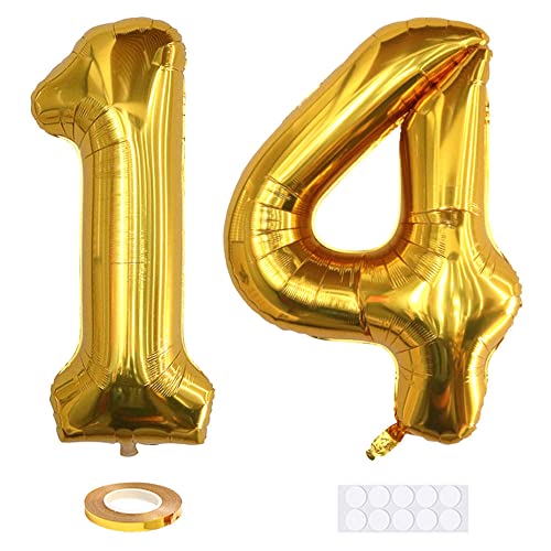 Xihuimay 40" Nummer 14 Folienballon Zahl 14 Luftballon Ziffer 14. Geburtstag Ballon 100cm Riesen Ballons Luft oder Helium Digitaler Ballon für Mädchen Junge Jubiläum Feierliche Anlässe, Golden XXL von Xihuimay