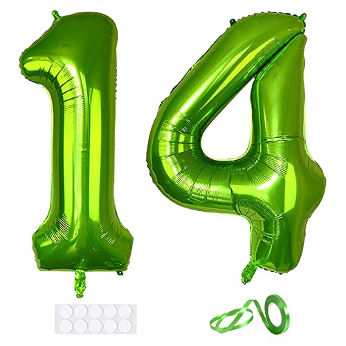 Xihuimay 40" Nummer 14 Folienballon Zahl 14 Luftballon Ziffer 14. Geburtstag Ballon 100cm Riesen Ballons Luft oder Helium Digitaler Ballon für Mädchen Junge Jubiläum Feierliche Anlässe, Grün XXL von Xihuimay